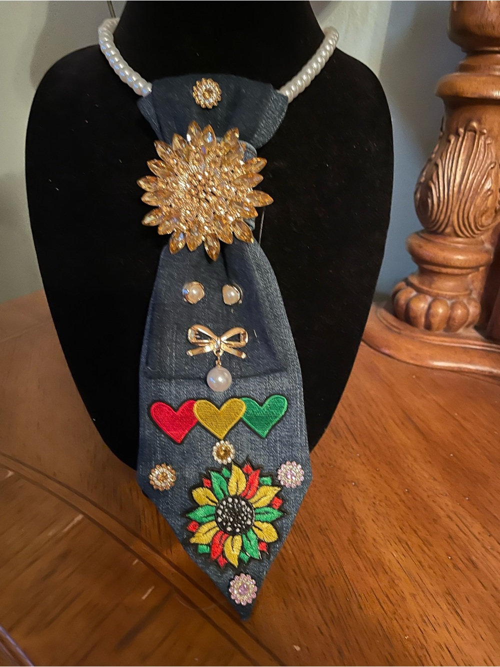 Denim Pendant Necklace with Multicolor Embroidered Hearts & Sunflower